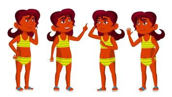 fille indienne kid pose set vector. hindou. enfant de l'école. déshabillé. piscine, plage. pour carte postale, couverture, conception de pancarte. illustration de dessin animé isolé vecteur