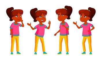 fille indienne kid pose set vector. enfant du secondaire. adolescent. pour la publicité, les salutations, la conception d'annonces. illustration de dessin animé isolé vecteur