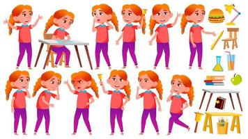 fille écolière kid pose set vector. roux. enfant du secondaire. étudiant. joie, jolie, jeunesse. pour la publicité, les salutations, la conception d'annonces. illustration de dessin animé isolé vecteur