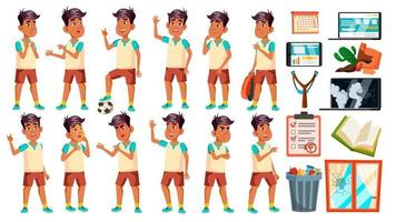 arabe, musulman garçon écolier kid pose set vector. enfant du secondaire. étudiant. athlète, footballeur. pour la bannière, le dépliant, la conception de sites Web. illustration de dessin animé isolé vecteur