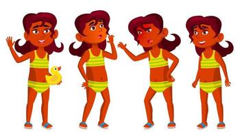 fille indienne kid pose set vector. hindou. déshabillé. piscine, plage. pour la présentation, l'invitation, la conception de cartes. illustration de dessin animé isolé vecteur