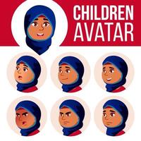 avatar de fille arabe, musulmane définie vecteur d'enfant. lycée. affronter les émotions. du visage, les gens. enfants, positif. illustration de tête de dessin animé