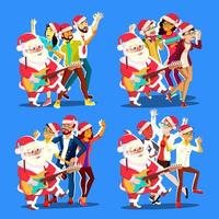 père noël dansant avec un groupe de personnes et guitare dans les mains. hommes et femmes positifs. s'amuser à danser. illustration vectorielle de fête de noël vecteur