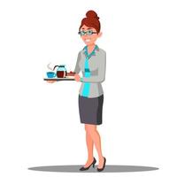 secrétaire fille en costume portant une tasse de café sur un vecteur de plateau. illustration isolée