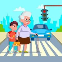 garçon aidant une femme âgée traversant le dessin vectoriel de la rue