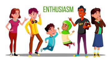 étudiants multiethniques enthousiastes, adultes, enfants personnages vectoriels vecteur