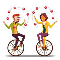 jongler avec le vecteur de personnes. homme d'affaires, femme jonglant sur monocycle. illustration