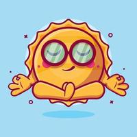 mascotte de personnage de soleil drôle avec pose de méditation yoga dessin animé isolé dans un style plat vecteur