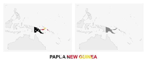 deux versions de la carte de la papouasie-nouvelle-guinée, avec le drapeau de la papouasie-nouvelle-guinée et surlignées en gris foncé. vecteur