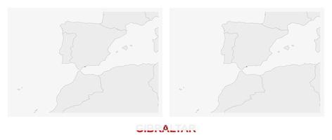 deux versions de la carte de gibraltar, avec le drapeau de gibraltar et surlignées en gris foncé. vecteur