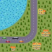 plan de village. paysage avec la route, la pinède, le lac, les voitures et les maisons. illustration vectorielle vecteur