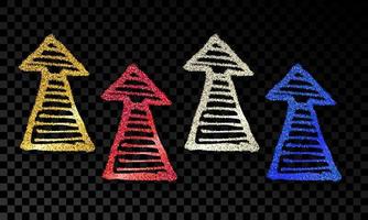 ensemble de quatre flèches dessinées à la main doodle avec effet de paillettes or, argent, bleu et rouge sur fond transparent foncé. illustration vectorielle vecteur