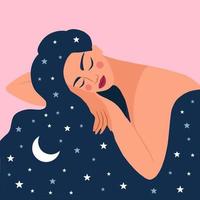 fille endormie aux cheveux longs. femme rêvant dans le ciel nocturne et les étoiles. illustration vectorielle vecteur
