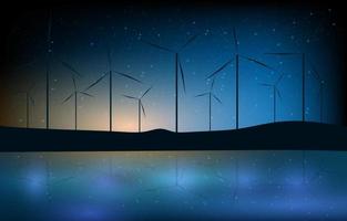 concept d'énergie renouvelable et écologique. énergie éolienne de technologie. moulin à vent abstrait avec lever de soleil, ciel nocturne, eau et montagne sur fond bleu dégradé. vecteur de paysage de turbine éolienne.