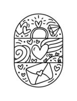 enveloppe de constructeur de composition de vecteur de valentine, bague de mariage et coeurs. logo de vacances d'amour dessiné à la main dans un cadre rond pour carte de voeux, invitation à la conception web