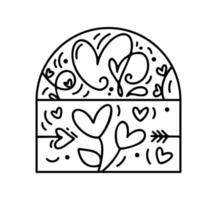 fleur de constructeur de composition de vecteur de valentine avec des feuilles et des coeurs. logo de vacances d'amour dessiné à la main dans un cadre demi-rond pour carte de voeux, invitation à la conception web