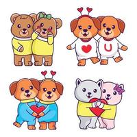 mignon de couple d'animaux saint valentin. couple ours, couple chats et couple chiens vecteur