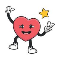 illustration vectorielle de mascotte rétro coeur mignon avec visage drôle. personnage de dessin animé de style vintage pour cartes et cadeaux de saint valentin. vecteur