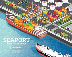 port maritime isométrique avec porte-conteneurs. la grue à portique charge la cargaison sur le navire. infrastructures portuaires. vecteur
