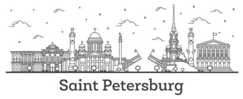 Décrire les toits de la ville de saint-pétersbourg en russie avec des bâtiments historiques isolés sur blanc. vecteur