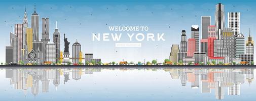 bienvenue à new york usa skyline avec des bâtiments gris, un ciel bleu et des reflets. vecteur