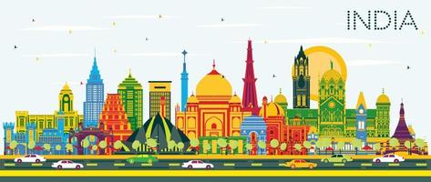 horizon de la ville de l'inde avec des bâtiments de couleur et un ciel bleu. vecteur