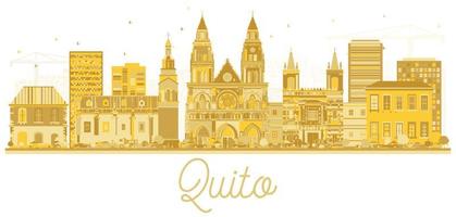 silhouette d'horizon de la ville de quito equateur avec des bâtiments dorés isolés sur blanc. vecteur