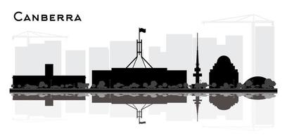 canberra australie silhouette d'horizon de la ville avec des bâtiments noirs et des reflets isolés sur blanc. vecteur