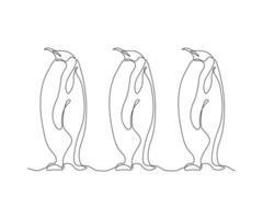 trois pingouins abstraits se tiennent dans une rangée, dessinés à la main, ligne mono continue, dessin au trait vecteur