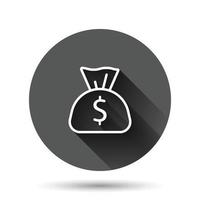 icône de sac d'argent dans un style plat. sac d'argent avec illustration vectorielle dollar sur fond rond noir avec effet d'ombre portée. concept d'entreprise de bouton de cercle de sac d'argent. vecteur