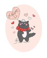 je t'aime. chat gris avec une boule en forme de coeur dans un petit chapeau magnifique et jabot sur fond rose pastel avec des papillons et de l'amour. vecteur