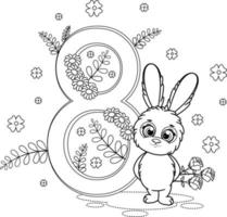 coloriage. lapin mignon avec des fleurs et le numéro 8 vecteur