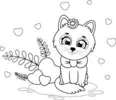 coloriage. chaton de dessin animé mignon avec des coeurs vecteur