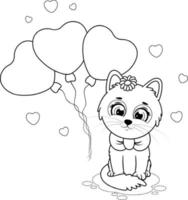 coloriage. chaton de dessin animé mignon avec des ballons et des coeurs vecteur