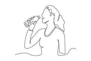 une ligne continue dessinant une femme buvant de l'eau en été. concept de journée mondiale de l'eau. illustration graphique vectorielle de dessin à une seule ligne. vecteur