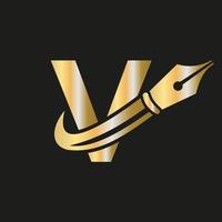 logo de l'éducation sur le concept de la lettre v avec un modèle de vecteur de pointe de stylo