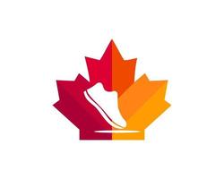 création de logo de chaussure d'érable. logo de la chaussure canadienne. feuille d'érable rouge avec vecteur de chaussure de course athlète