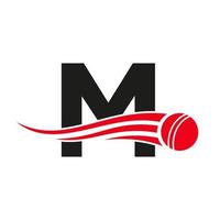 concept de logo de cricket lettre m avec icône boule pour le modèle vectoriel de symbole de club de cricket. signe de joueur de cricket