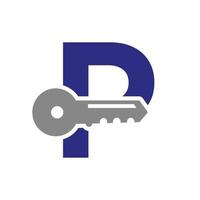 le logo de la clé de la lettre p se combine avec la clé du casier de la maison pour l'immobilier et le modèle de vecteur de symbole de location de maison