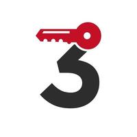 le logo de la lettre 3 se combine avec la clé du casier de la maison pour l'immobilier et le modèle de vecteur de symbole de location de maison