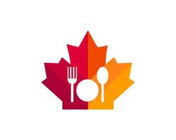 création de logo de fourche d'érable. logo du restaurant canadien. feuille d'érable rouge avec vecteur de fourchette et spon