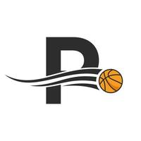 création de logo lettre p basket-ball pour le modèle vectoriel de symbole de club de panier. Élément de logo de basket-ball