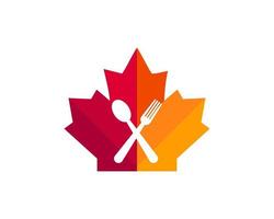 création de logo de fourche d'érable. logo du restaurant canadien. feuille d'érable rouge avec vecteur de fourchette et spon