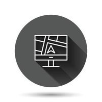 icône de navigation informatique dans un style plat. surveiller l'illustration vectorielle gps de broche sur fond rond noir avec effet d'ombre portée. concept d'entreprise de bouton de cercle de localisation de la ville. vecteur