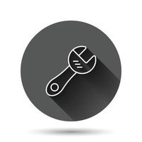 icône de clé dans un style plat. illustration vectorielle de clé à molette sur fond rond noir avec effet d'ombre portée. concept d'entreprise de bouton de cercle d'équipement de réparation. vecteur