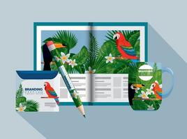 brochure commerciale avec style tropical et enveloppe cd vecteur