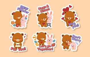 mignon ours et lapin amitié chat message stickers vecteur