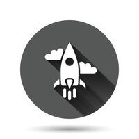 icône de fusée dans un style plat. illustration vectorielle de lancement de vaisseau spatial sur fond rond noir avec effet d'ombre portée. concept d'entreprise bouton cercle spoutnik. vecteur