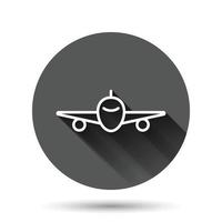 icône d'avion dans un style plat. illustration vectorielle d'avion sur fond rond noir avec effet d'ombre portée. concept d'entreprise de bouton de cercle d'avion de ligne de vol. vecteur