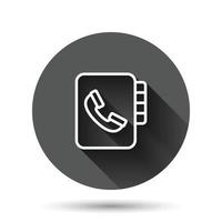icône de répertoire téléphonique d'adresse dans un style plat. illustration vectorielle de téléphone portable sur fond rond noir avec effet d'ombre portée. concept d'entreprise de bouton cercle de contact hotline. vecteur
